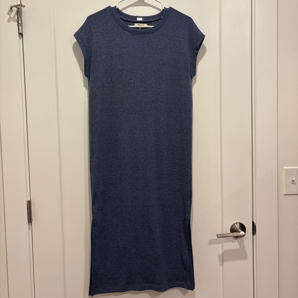 Madewell Womens XS Blue Marl Ribbed Knit Sleeveless Midi Sweater Dress Side Slit